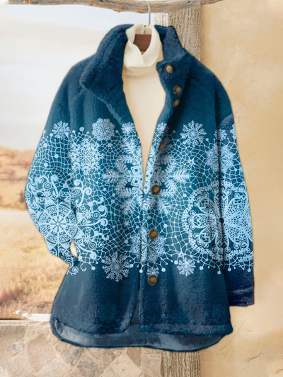 Christmas Snowflake Art Print Casual Flannel Coat Cardigan