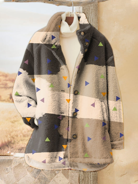 Retro Simple Art Print Casual Flannel Coat Cardigan