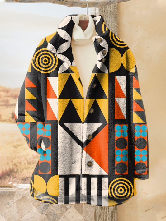 Retro Western Textured Art Print Casual Flannel Coat Cardigan