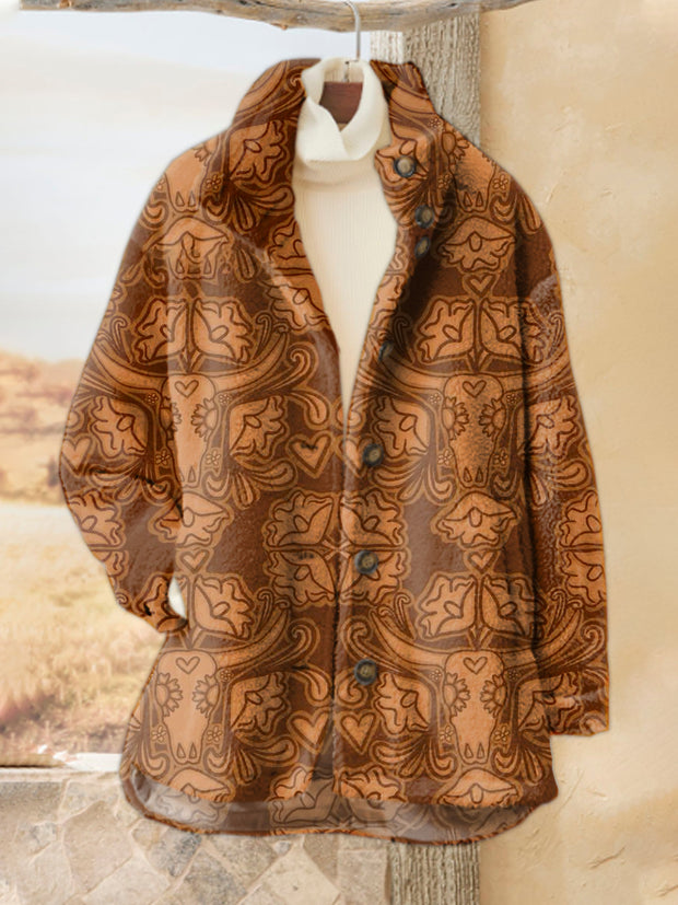 Retro Western Horn Art Print Casual Flannel Coat Cardigan