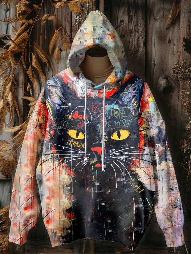 Unisex Colorful Cat Graffiti Illustration Casual Long Sleeve Sweatshirt