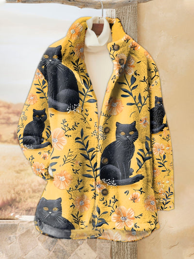 Cat Floral Art Print Casual Flannel Coat Cardigan