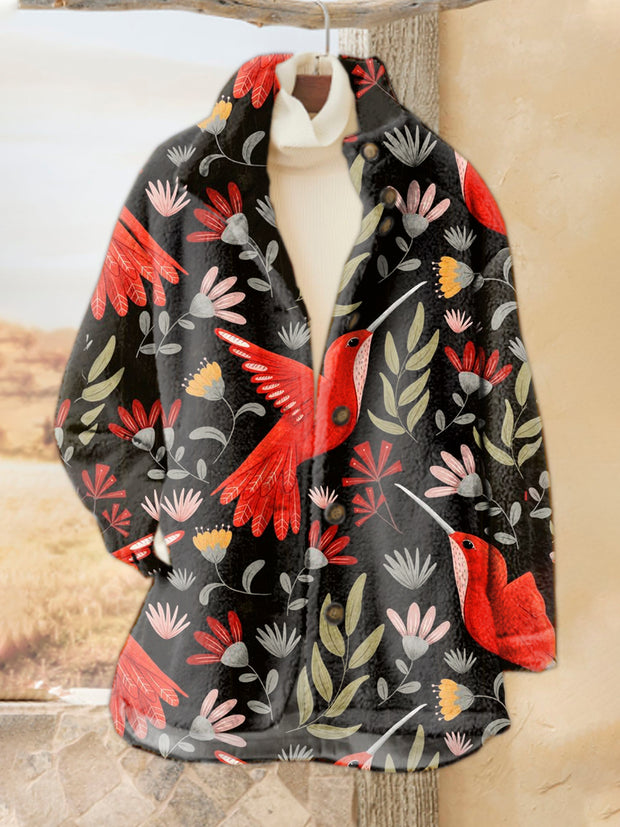 Birds Floral Art Print Casual Flannel Coat Cardigan