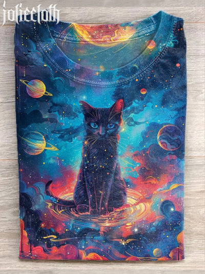 Starry Sky Cat Art Illustration Casual Cotton Short Sleeve T-Shirt