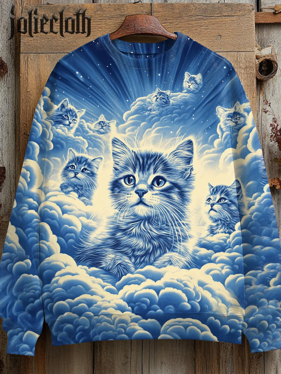 Unisex Fantasy Cat Cloud Art Illustration Casual Long Sleeve Sweatshirt