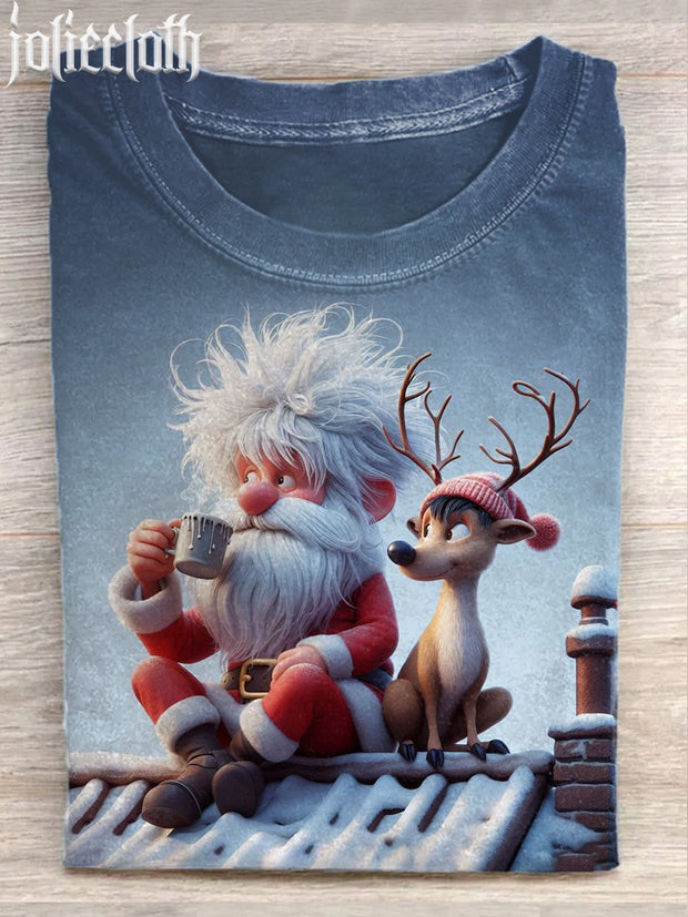 Santa Claus And Sika Deer Art Illustration Casual Cotton Short Sleeve T-shirt