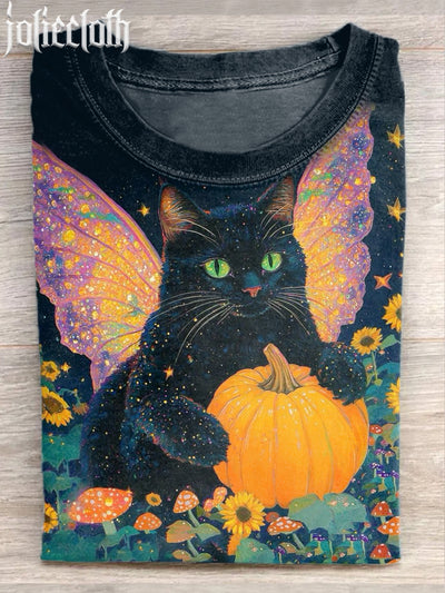 Unisex Pumpkin Cat Art Illustration Casual Cotton Short Sleeve T-Shirt