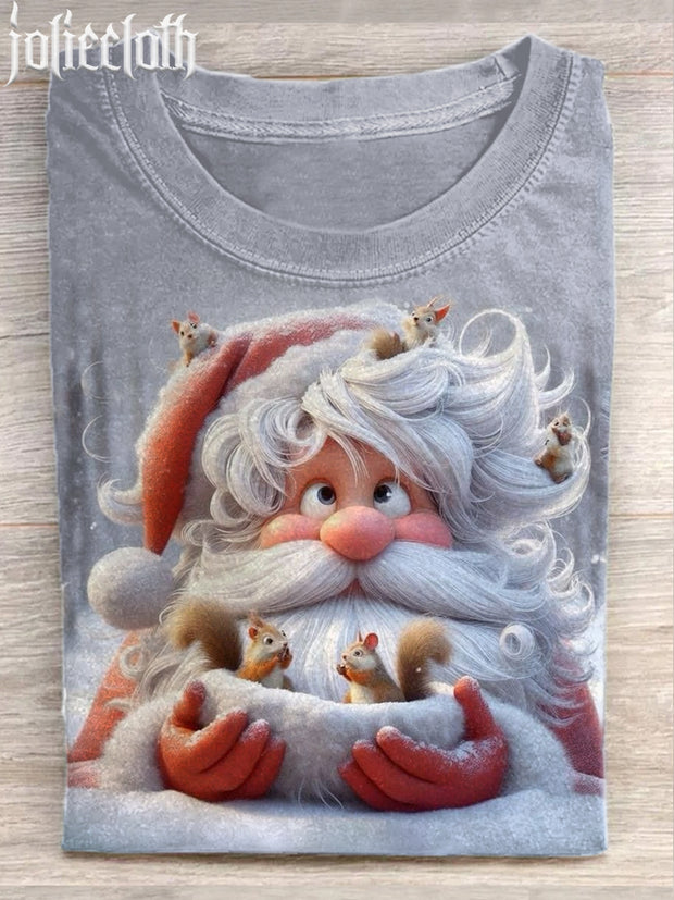 Santa Claus And Squirrel Art Illustration Casual Cotton Short Sleeve T-Shirt