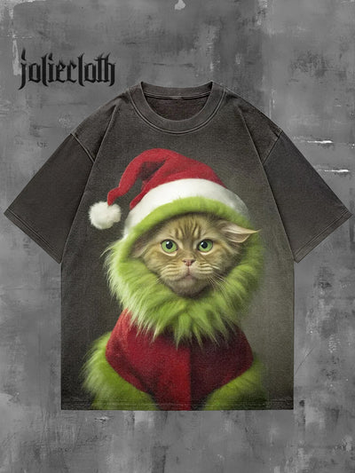 Unisex Grinch Cat Magic Art Illustration Print Casual Cotton Short Sleeve T-Shirt