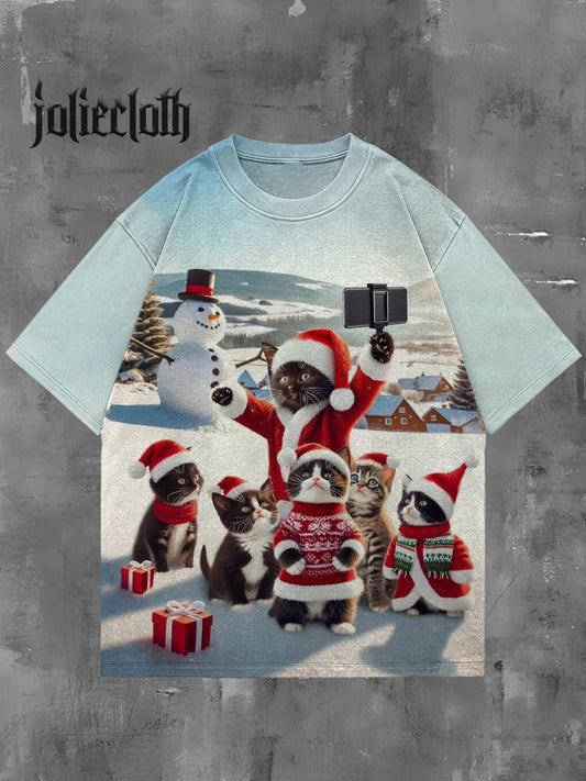 Unisex Christmas Cat Selfie Art Illustration Print Casual Cotton Short Sleeve T-Shirt