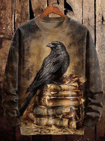 Unisex Retro Crow Art Illustration Print Casual Long Sleeve Sweatshirt