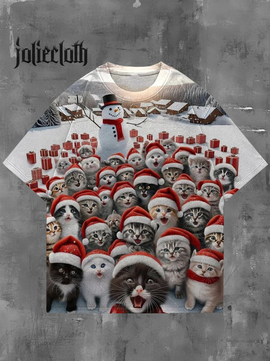 Unisex Christmas Cat Selfie Art Illustration Print Casual Cotton Short Sleeve T-Shirt