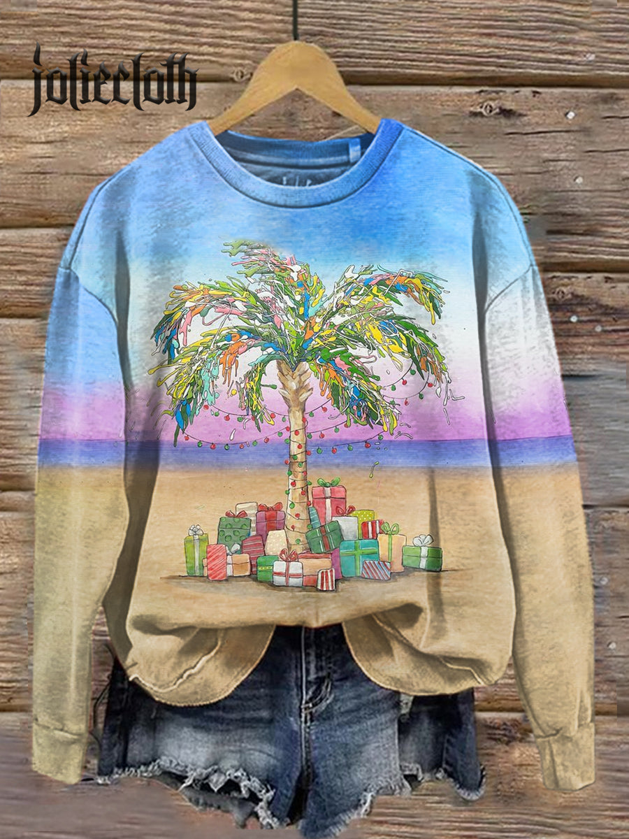 Unisex Christmas Palm Tree Illustration Printed Casual Long Sleeve Sweatshirt