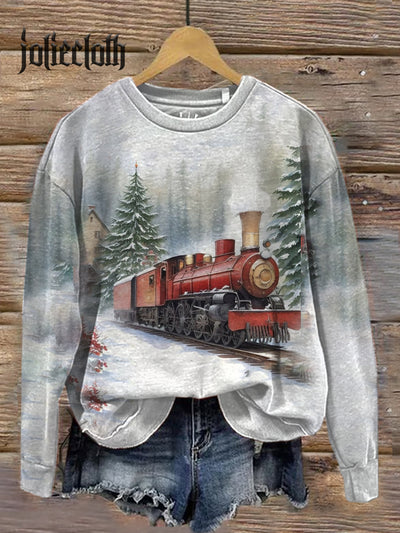 Unisex Winter Christmas Train Illustration Printed Casual Long Sleeve Sweatshirt