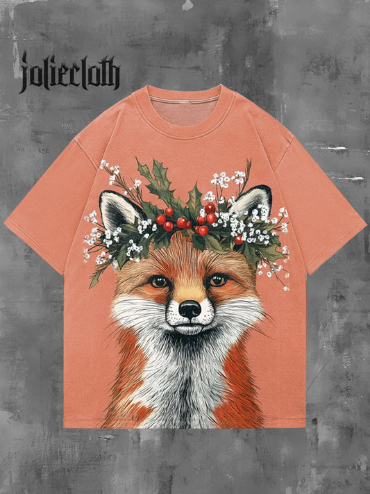 Unisex Christmas Fox Animal Illustration Printed Casual Cotton Short Sleeve T-Shirt