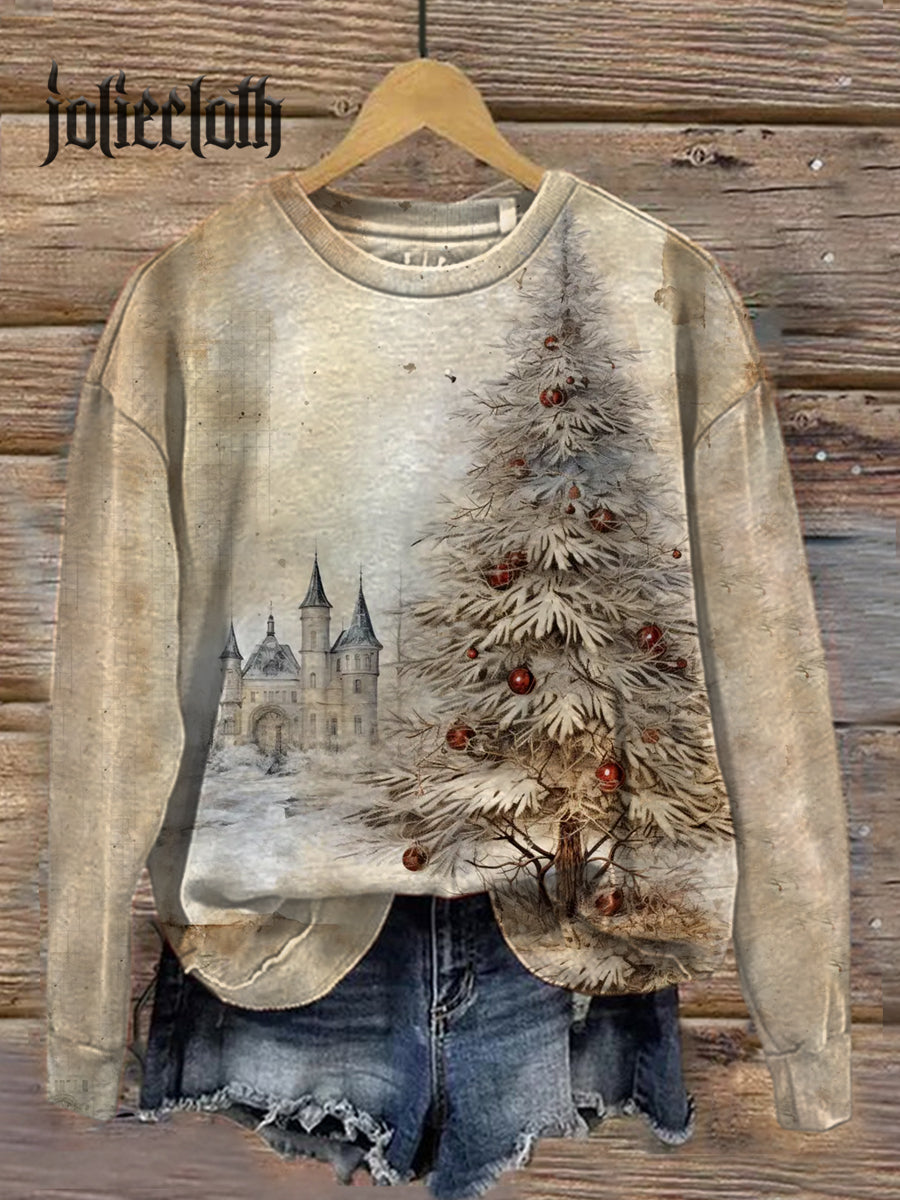 Unisex Retro Christmas Tree Illustration Printed Casual Long Sleeve Sweatshirt