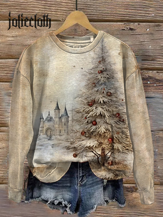 Unisex Retro Christmas Tree Illustration Printed Casual Long Sleeve Sweatshirt
