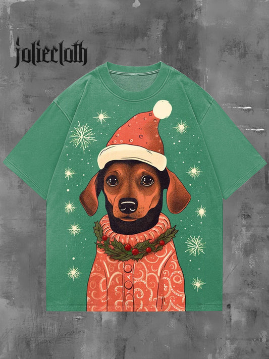 Unisex Christmas Puppy Animal Illustration Printed Casual Cotton Short Sleeve T-Shirt