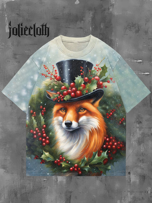 Unisex Christmas Fox Animal Illustration Printed Casual Cotton Short Sleeve T-Shirt