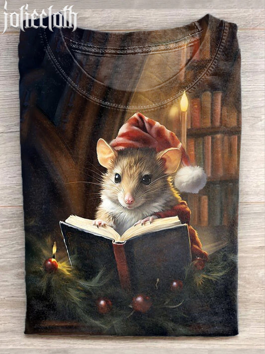 Unisex Christmas Mouse Illustration Printed Casual Cotton Short Sleeve T-Shirt