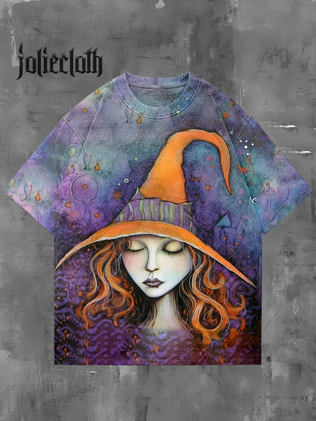 Unisex Folk Magic Witch Illustration Print Casual Cotton Short Sleeve T-Shirt