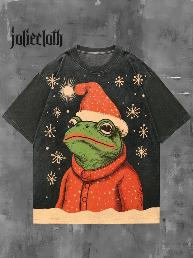 Unisex Christmas Frog Animal Illustration Printed Casual Cotton Short Sleeve T-Shirt