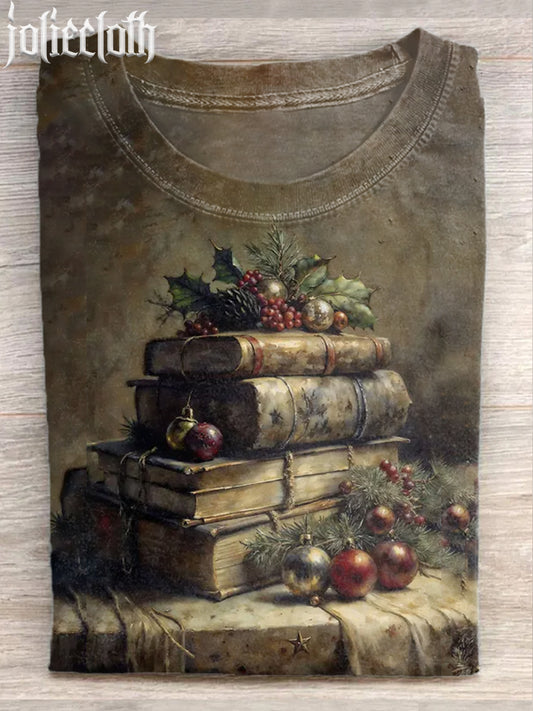 Unisex Retro Christmas Book Illustration Printed Casual Cotton Short Sleeve T-Shirt