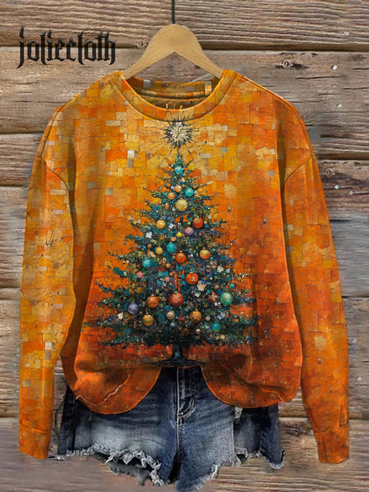 Unisex Marble Christmas Tree Illustration Printed Casual Long Sleeve Sweatshirt