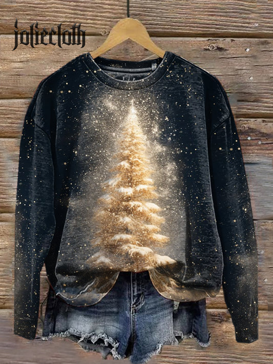 Unisex Retro Christmas Tree Illustration Printed Casual Long Sleeve Sweatshirt