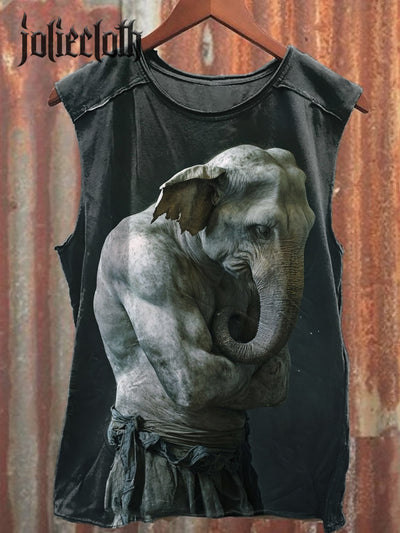 Unisex Muscle Elephant Art Illustration Printed Casual Cotton Tank Top