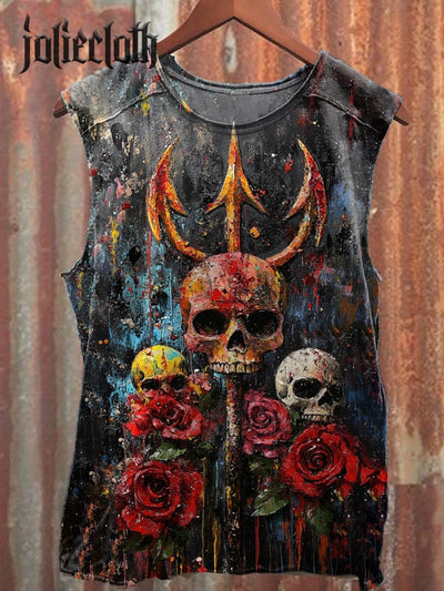 Unisex Skull Fork Art Illustration Printed Casual Cotton Tank Top