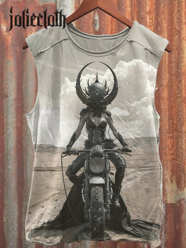 Unisex Motorcycle Rider Art Illustration Printed Casual Cotton Tank Top