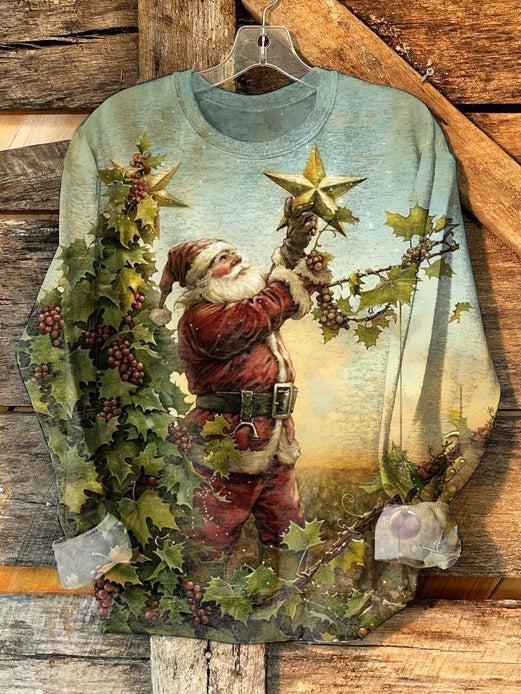 Unisex Christmas Grape Old Man Art Illustration Printed Casual Long Sleeve Sweatshirt