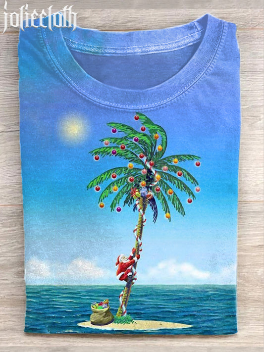 Unisex Christmas Palm Tree Art Illustration Printed Casual Cotton Short Sleeve T-shirt