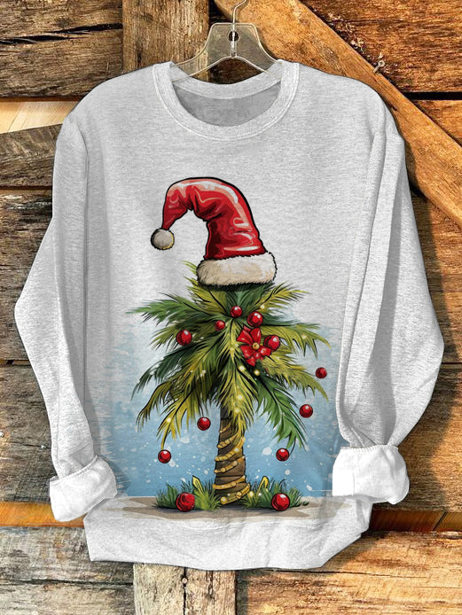 Unisex Christmas Palm Tree Art Illustration Printed Casual Long Sleeve Sweatshirt