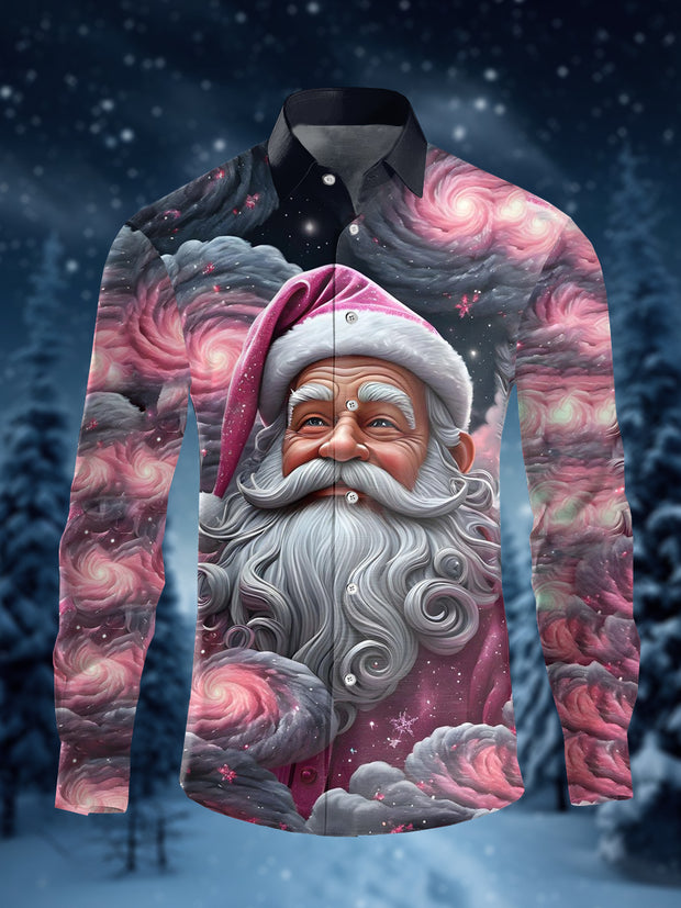 Men's Santa Claus Art Illustration Printed Casual Long Sleeve Shirt