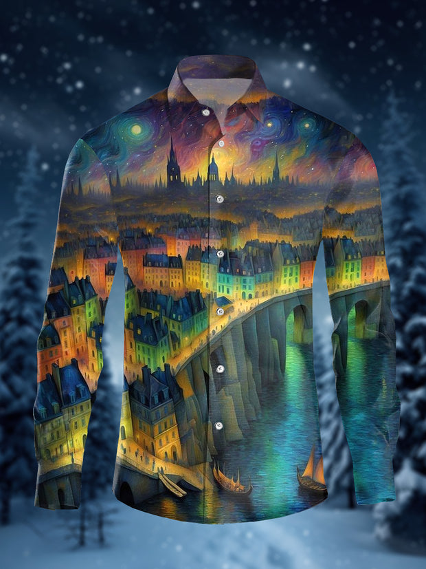 Men's Fantasy Colorful Castle Art Illustration Printed Casual Long Sleeve Shirt