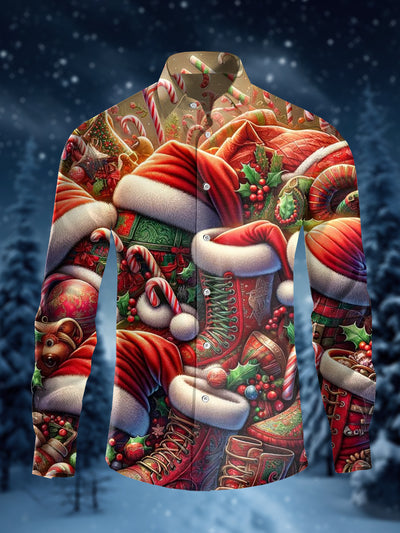 Men's Santa Boots Illustration Printed Casual Long Sleeve Shirt