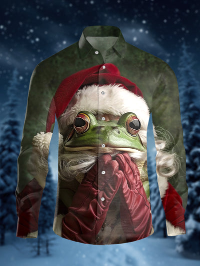 Men's Frog Santa Claus Illustration Printed Casual Long Sleeve Shirt