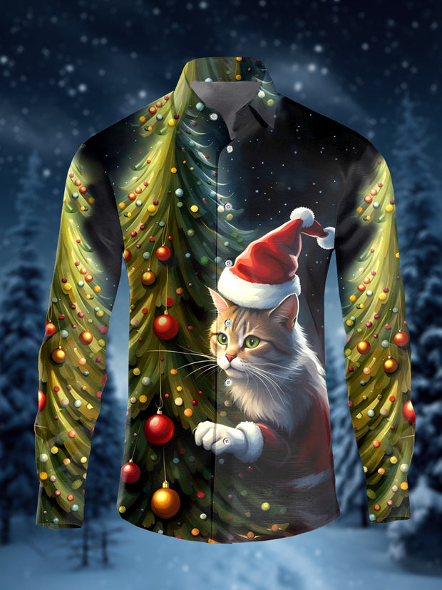 Men's Christmas Cat Illustration Casual Long Sleeve Shirt