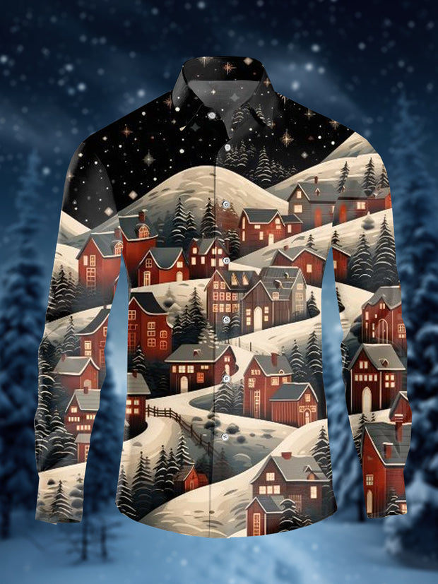 Men's Winter Igloo Art Illustration Print Casual Long Sleeve Shirt