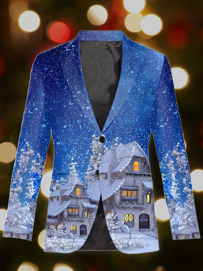 Men's Retro Christmas Art Illustration Printed Casual Blazer