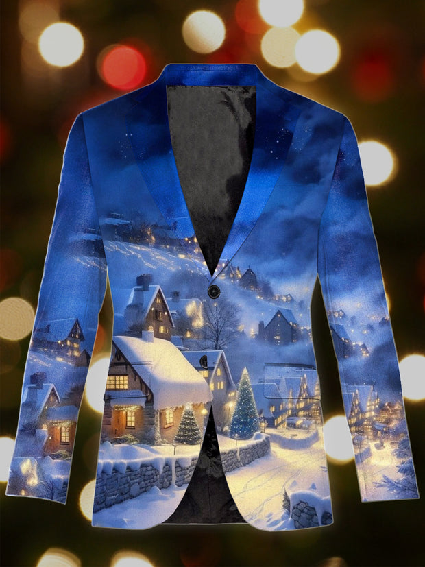 Men's Retro Christmas Art Illustration Printed Casual Blazer