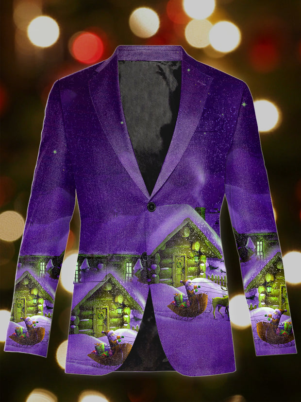 Men's Retro Christmas Art Illustration Printed Casual Blazer