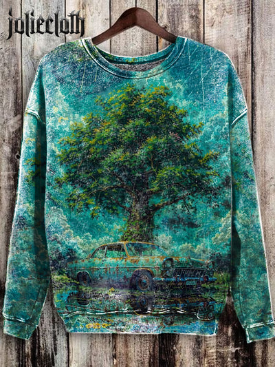 Unisex Forest Sports Car Art Illustration Printed Casual Long Sleeve Sweatshirt