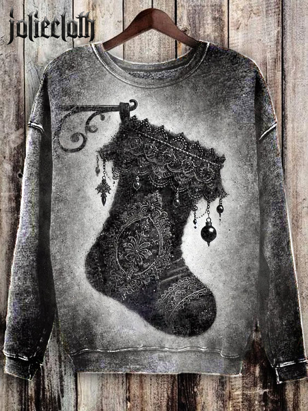 Unisex Gothic Christmas Boots Art Illustration Printed Casual Long Sleeve Sweatshirt