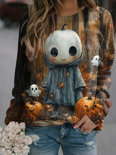 Women's Halloween Pumpkin Illustration Printed Casual Crewneck Sweatshirt