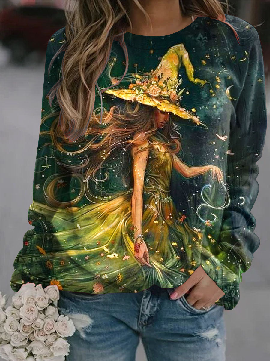 Women's Witch Illustration Printed Casual Round Neck Sweatshirt