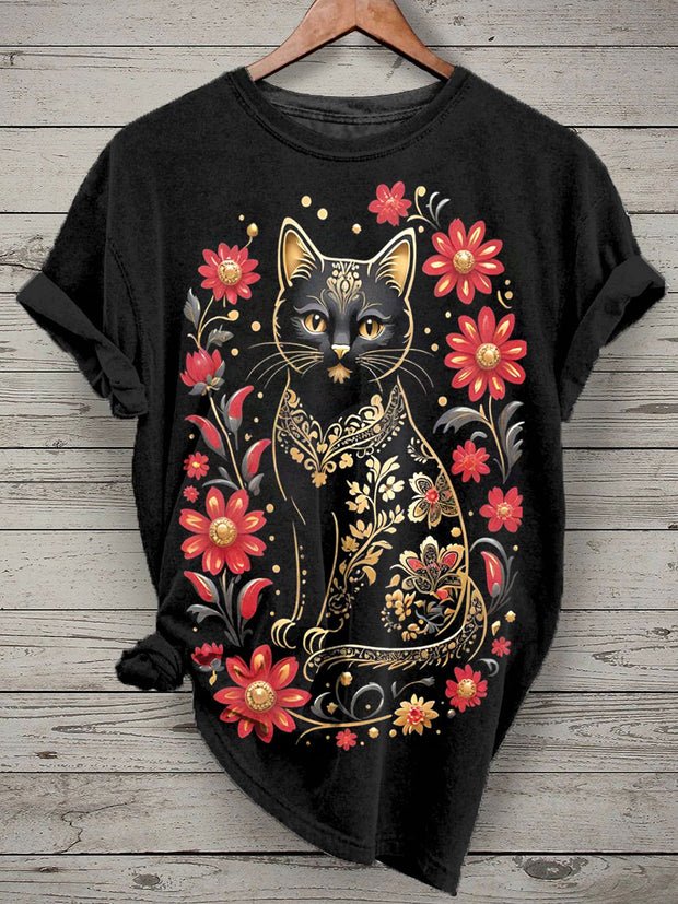 Women's Floral Cat Print Casual Cotton Short Sleeve T-Shirt