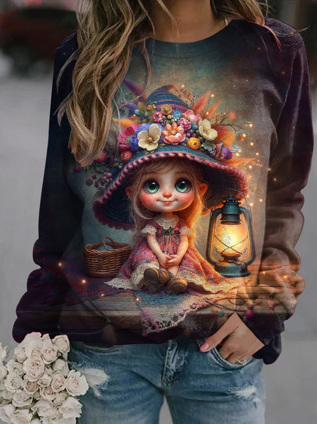 Women's Cute Witch Illustration Printed Casual Round Neck Sweatshirt